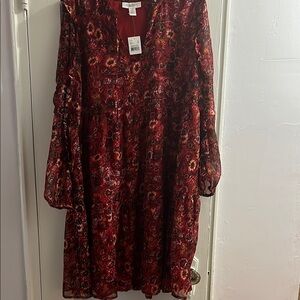 Motherhood Red Knee-Length Long Sleeve Sundress with V-Neck and Bishop Sleeves